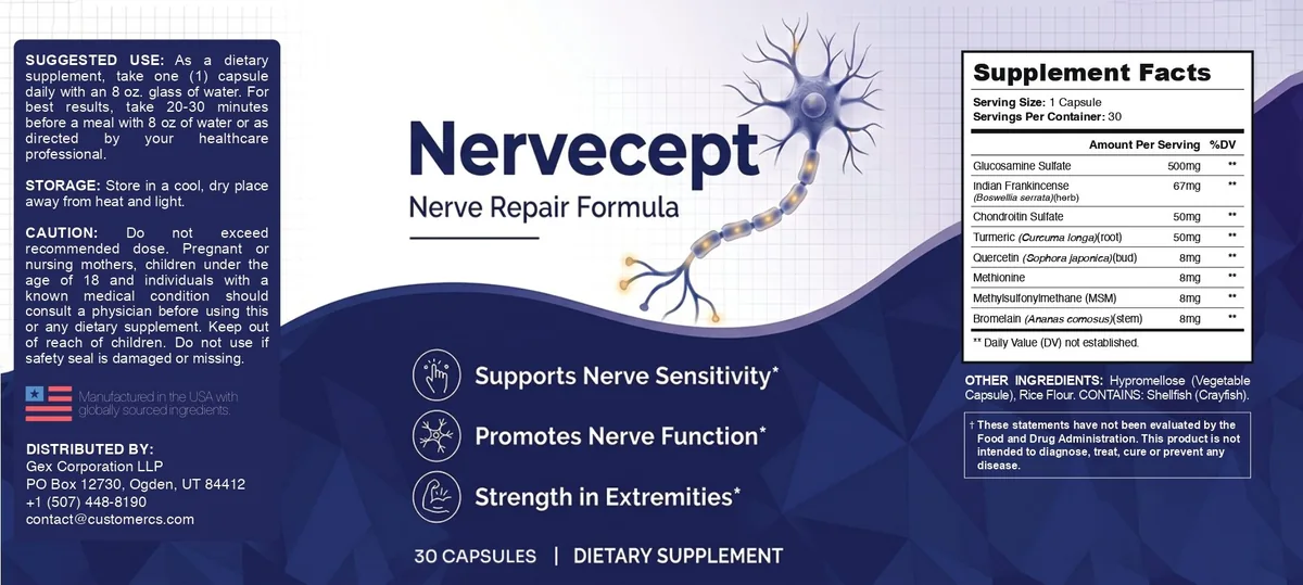 NerveCept Supplement Facts label with all eight ingredients and doses